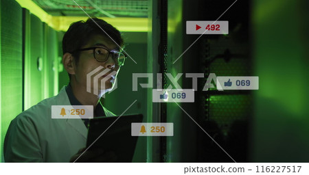 The image begins with a close-up of an asian man in a lab coat 116227517