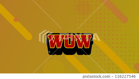 Image of wow text, lightning strike over geometric shapes against abstract background 116227546