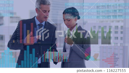 Image of data processing over diverse businessman and businesswoman discussing at office Image of data processing over diverse businessman and businesswoman discussing at office 116227555