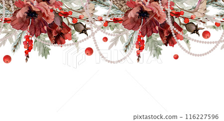 Poppy anemone flower, spruce fir tree branches cones, berries. Watercolor hand drawn illustration, seamless banner isolated on white. Xmas, happy new year festive, noel navidad holiday. Cards, gifts. Poppy anemone flower, spruce fir tree branches cones, berries. Watercolor hand drawn illustration, seamless banner isolated on white. Xmas, happy new year festive, noel navidad holiday. Cards, gifts. 116227596