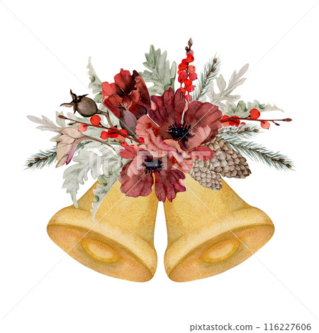 Christmas bell, Poppy anemone flower, spruce fir tree branches cones, berries. Watercolor hand drawn illustration isolated on white. Xmas, happy new year festive, noel navidad holiday. Cards, gifts. Christmas bell, Poppy anemone flower, spruce fir tree branches cones, berries. Watercolor hand drawn illustration isolated on white. Xmas, happy new year festive, noel navidad holiday. Cards, gifts. 116227606