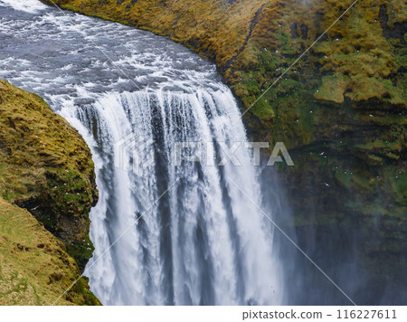 Impressively beautiful nature of Iceland during sunset. Skogafoss waterfall is one famous natural landmark and travel destination place of Iceland. Tourists ride horses near famouse waterfall. 116227611