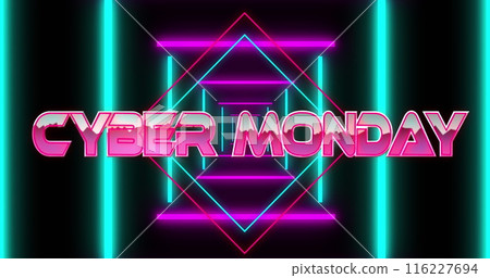 Image of cyber monday text over neon tunnel on black background Image of cyber monday text over neon tunnel on black background 116227694