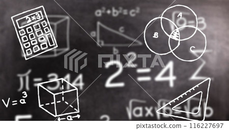 Image of mathematics concept icons over mathematical equations on black chalkboard background 116227697
