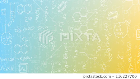 Image of science concept icons and mathematical equations against gradient background Image of science concept icons and mathematical equations against gradient background 116227700