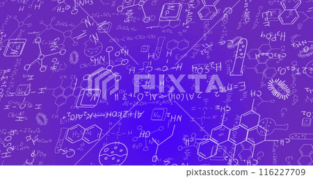 Image of science concept icons and mathematical equations against blue gradient background Image of science concept icons and mathematical equations against blue gradient background 116227709