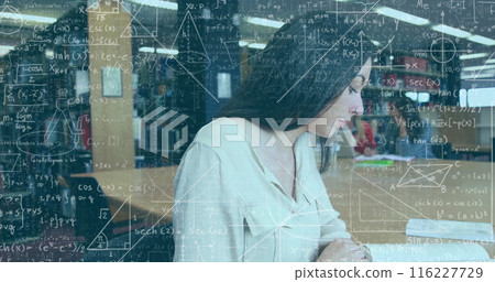Image of mathematical equations against caucasian woman studying and smiling at college 116227729