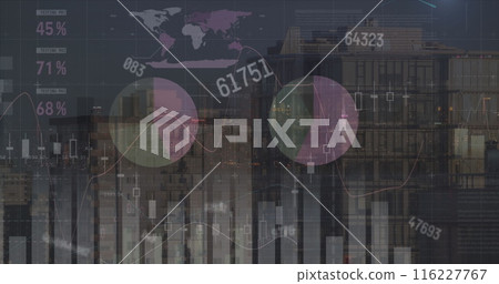 Image of changing numbers and statistical data processing against aerial view of tall buildings Image of changing numbers and statistical data processing against aerial view of tall buildings 116227767