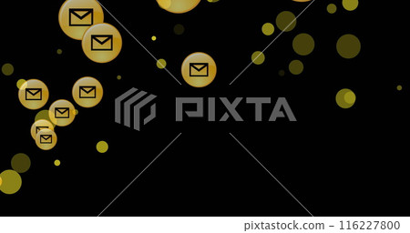Image of yellow spots and multiple message icons floating against black background, copy space 116227800