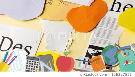 Image of school icons over paper collage Image of school icons over paper collage 116227831