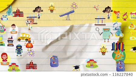 Image of school icons over paper collage Image of school icons over paper collage 116227840