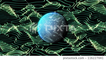 Image of globe with network of connections with green lines on black background Image of globe with network of connections with green lines on black background 116227841