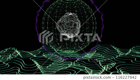 Image of globe with network of connections on black background Image of globe with network of connections on black background 116227842