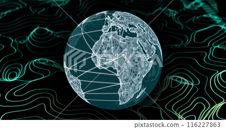 Image of globe with network of connections with green lines on black background Image of globe with network of connections with green lines on black background 116227863