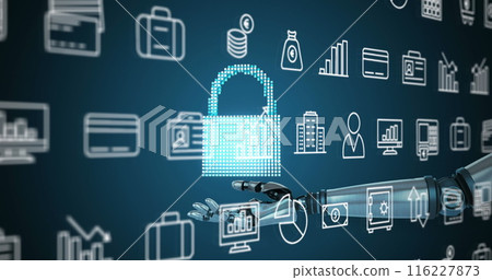 Image of robot arm with cloud and padlock over financial and business icons 116227873