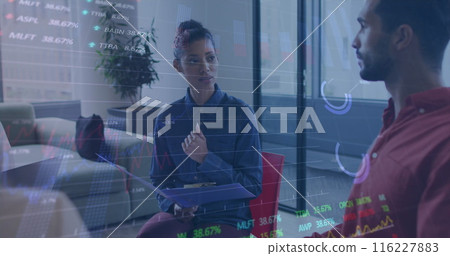 Image of graphs and trading boards over diverse coworkers discussing in office Image of graphs and trading boards over diverse coworkers discussing in office 116227883