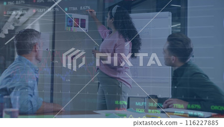 Image of graphs and trading boards over diverse coworkers planning strategy in office Image of graphs and trading boards over diverse coworkers planning strategy in office 116227885