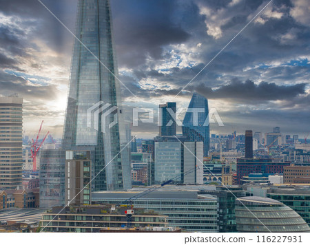 Close up view of the Shard skyscraper in London. The tallest building in the EU. Business center of London. 116227931