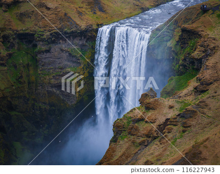 Impressively beautiful nature of Iceland during sunset. Skogafoss waterfall is one famous natural landmark and travel destination place of Iceland. Tourists ride horses near famouse waterfall. 116227943