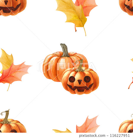 Halloween pumpkins seamless pattern decor. Watercolor illustration. Hand drawn spooky funny orange pumpkins, autumn leaves seamless pattern. Halloween holiday element symbol on white background 116227951