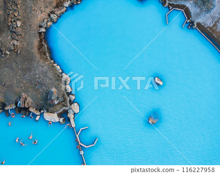 Aerial view of the Blue lagoon in Iceland. The most famous and popular SPA place in Iceland. Landscape from air. Vacation image. Blue and hot water in geothermal lake. 116227958