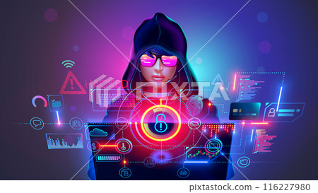 Hacker in hood with laptop in dark room. virtual lock icon over screen laptop of young hacker. Hacker in reflection glasses look at screen laptop, hacking banking account and card. Hacker teenagers. Hacker in hood with laptop in dark room. virtual lock icon over screen laptop of young hacker. Hacker in reflection glasses look at screen laptop, hacking banking account and card. Hacker teenagers. 116227980