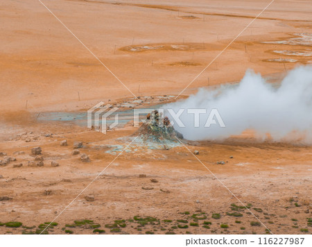 Beautiful aerial view of the Geysir valley in Iceland. Geothermal area in Haukadular valley, Iceland, with steaming hot springs, hot water streams 116227987