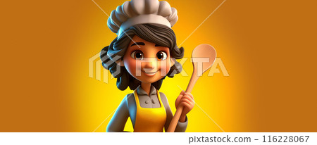 3D Rendering of Cartoon Character of a Female Chef With a Wooden Spoon - Generative Ai 116228067