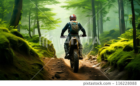 Back View of a Man Riding an Off-road Motorcycle in a Green Forest - Generative Ai 116228088