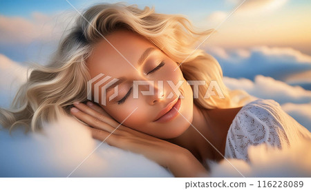 Beautiful Blonde Young Woman Sleeping Above the Fluffy Clouds - Generative Ai 116228089