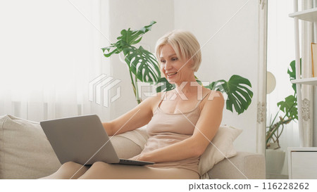 Online conversation. Video meeting. Happy smiling woman talking on laptop call sitting in armchair enjoying communication leisure in cozy home interior. Online conversation. Video meeting. Happy smiling woman talking on laptop call sitting in armchair enjoying communication leisure in cozy home interior. 116228262