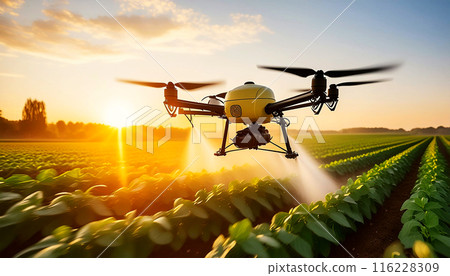 Close-up of a Drone Spraying Pesticides or Fertilizer on a Cultivated Field - Generative Ai 116228309