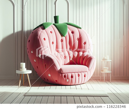 Soft plush sofa in the shape of a strawberry in an empty room. Creative room interior 116228346