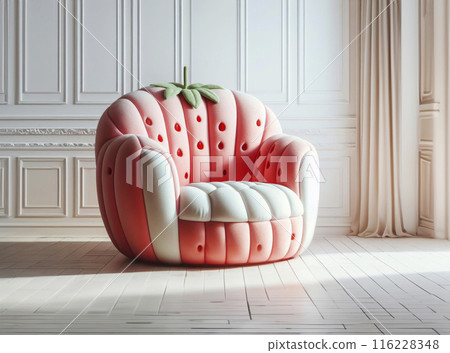 Soft plush sofa in the shape of a strawberry in an empty room. Creative room interior 116228348
