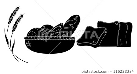 Wheat and bread silhouette illustration set, bread in a basket, sliced bread 116228384
