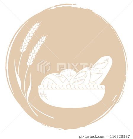 籃子、圓形框架中小麥和麵包的一組輪廓 116228387