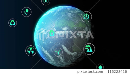 Image of globe of network of connections with icons over globe Image of globe of network of connections with icons over globe 116228416
