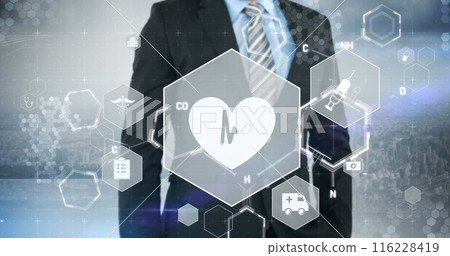 Image of medical icons and chemical formula with data processing over businessman 116228419