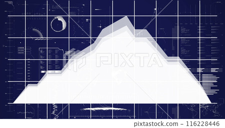 Image of infographic interface and grid pattern over lopping mountain 116228446
