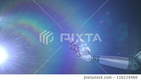 Image of light trails over mathematical equations and robotic hand on blue background Image of light trails over mathematical equations and robotic hand on blue background 116228466
