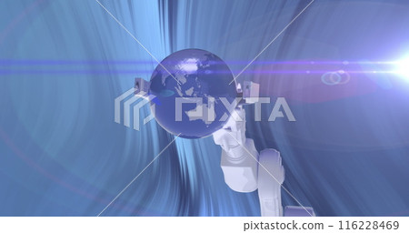 Image of light trails over robotic hand with globe on blue background Image of light trails over robotic hand with globe on blue background 116228469