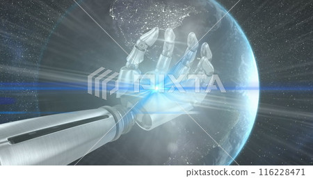 Image of light trails over robotic hand and globe on black background Image of light trails over robotic hand and globe on black background 116228471