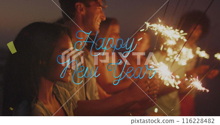 Image of happy new year text over diverse friends with sparklers at party 116228482