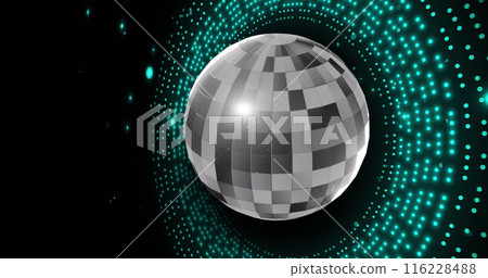 Image of retro disco mirror ball and glowing blue light on black background 116228488