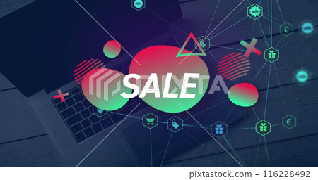 Image of sale text over laptop, data processing and connections 116228492