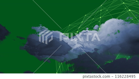 Image of clouds with data processing and connections on green background 116228495