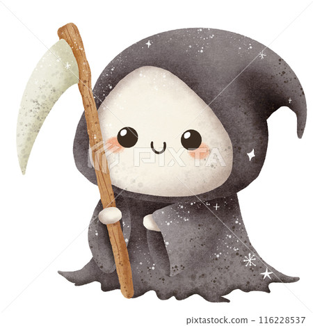 Watercolor Hand drawn illustration Rustic watercolor cute ghost dressed as a grim reaper isolated spooky halloween cartoon character element 116228537