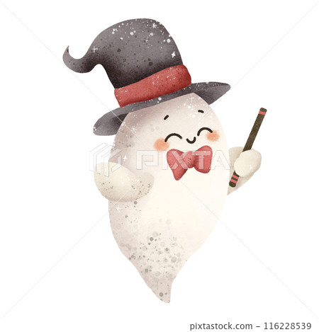 Watercolor Hand drawn illustration Rustic watercolor cute ghost dressed as a magician isolated spooky halloween cartoon character element 116228539