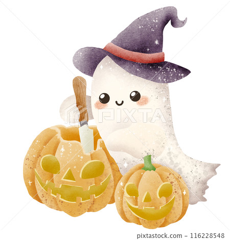 Watercolor Hand drawn illustration Rustic watercolor cute ghost carving a jack o lantern isolated spooky halloween cartoon character element 116228548