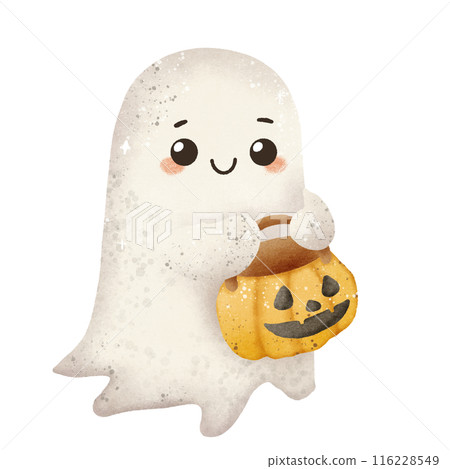 Watercolor Hand drawn illustration Rustic watercolor cute ghost holding a pumpkin basket trick or treating isolated spooky halloween cartoon character element 116228549